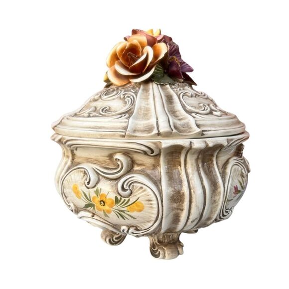 Vintage Capodimonte Porcelain Footed Flower Compote Soup Tureen Bowl With Lid - Picture 5 of 11